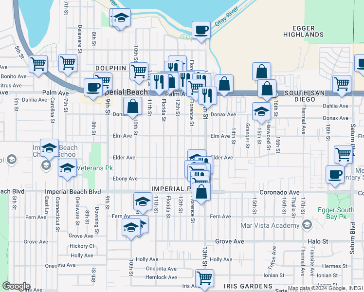 map of restaurants, bars, coffee shops, grocery stores, and more near 941 12th Street in Imperial Beach