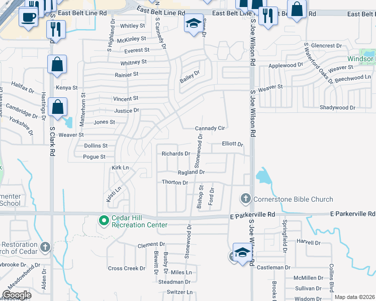 map of restaurants, bars, coffee shops, grocery stores, and more near 824 Richards Drive in Cedar Hill