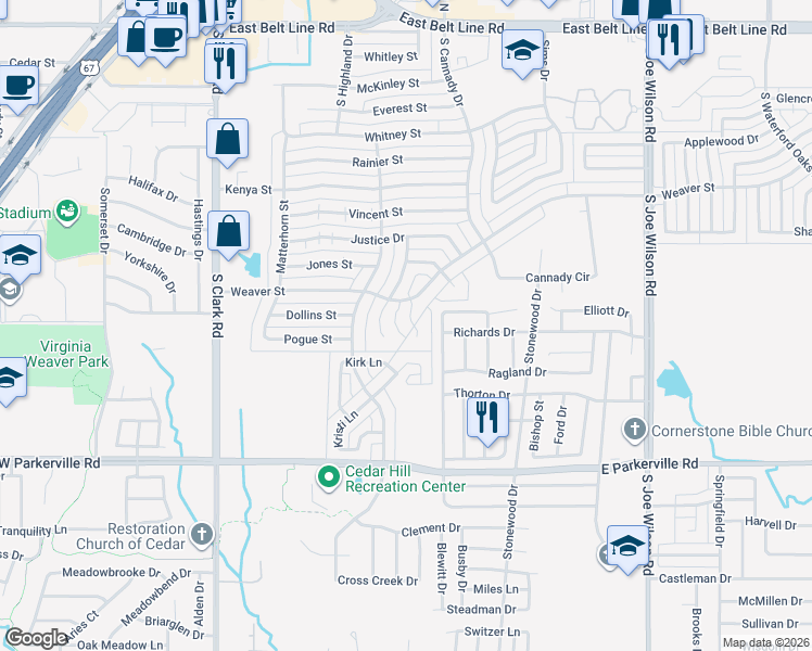 map of restaurants, bars, coffee shops, grocery stores, and more near 512 Pico Street in Cedar Hill