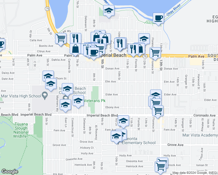 map of restaurants, bars, coffee shops, grocery stores, and more near 934 Emory Street in Imperial Beach