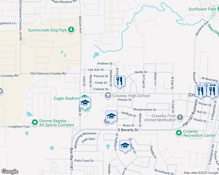 map of restaurants, bars, coffee shops, grocery stores, and more near 1100 Celeste Street in Crowley