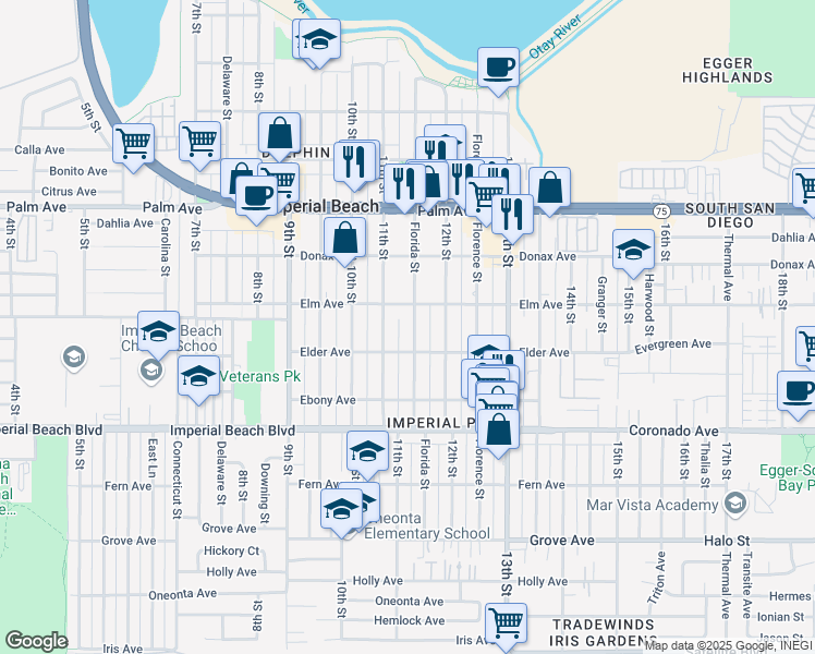 map of restaurants, bars, coffee shops, grocery stores, and more near 936 Florida Street in Imperial Beach
