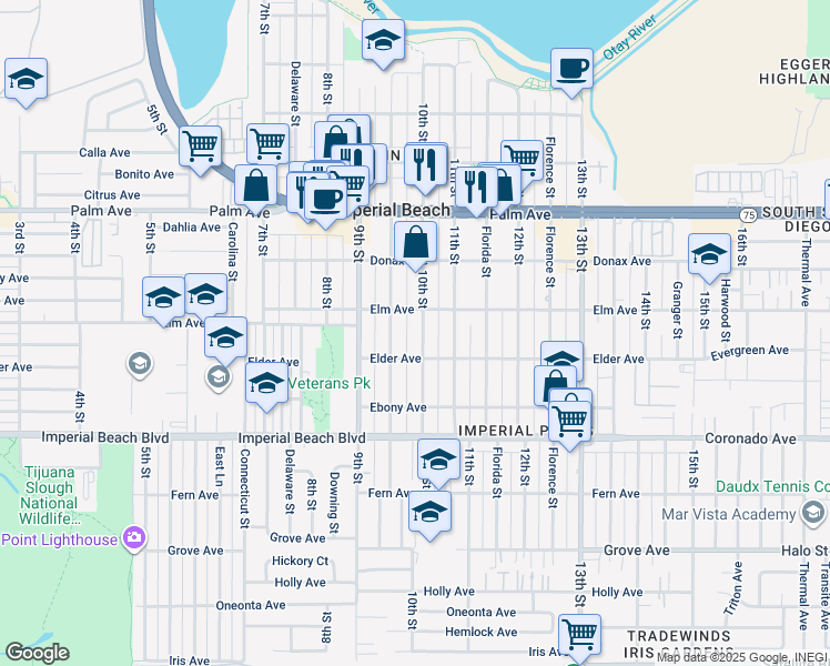 map of restaurants, bars, coffee shops, grocery stores, and more near 938 10th Street in Imperial Beach