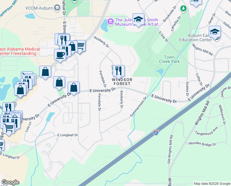 map of restaurants, bars, coffee shops, grocery stores, and more near 406 Dixie Dr in Auburn