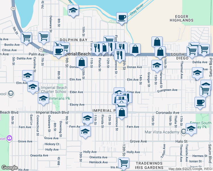 map of restaurants, bars, coffee shops, grocery stores, and more near 938 12th Street in Imperial Beach