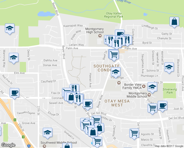 map of restaurants, bars, coffee shops, grocery stores, and more near 917 Hawaii Ave in San Diego