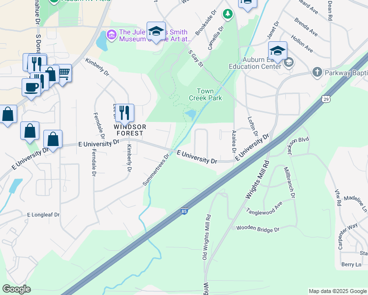 map of restaurants, bars, coffee shops, grocery stores, and more near 489091 East University Drive in Auburn