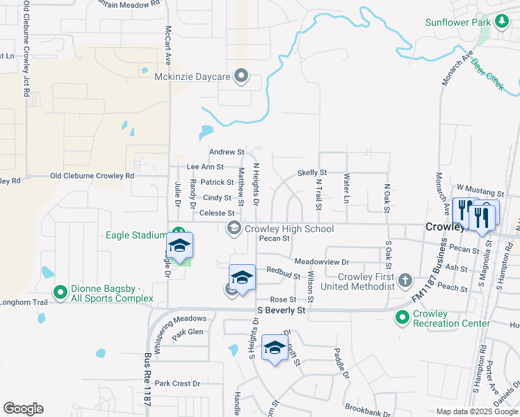 map of restaurants, bars, coffee shops, grocery stores, and more near 108 North Heights Drive in Crowley