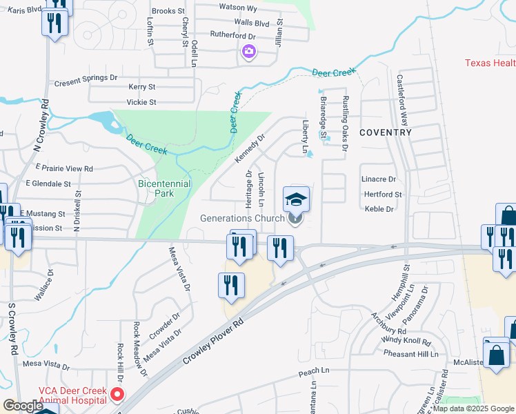 map of restaurants, bars, coffee shops, grocery stores, and more near 141 Lincoln Lane in Crowley