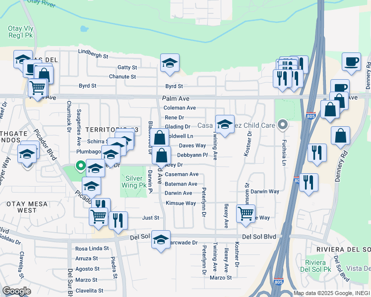 map of restaurants, bars, coffee shops, grocery stores, and more near 4007 Daves Way in San Diego
