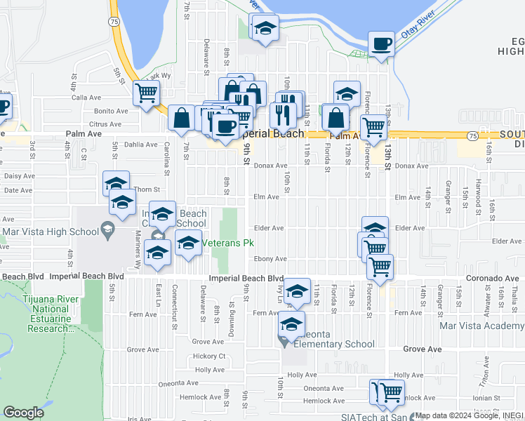 map of restaurants, bars, coffee shops, grocery stores, and more near 930 Emory Street in Imperial Beach