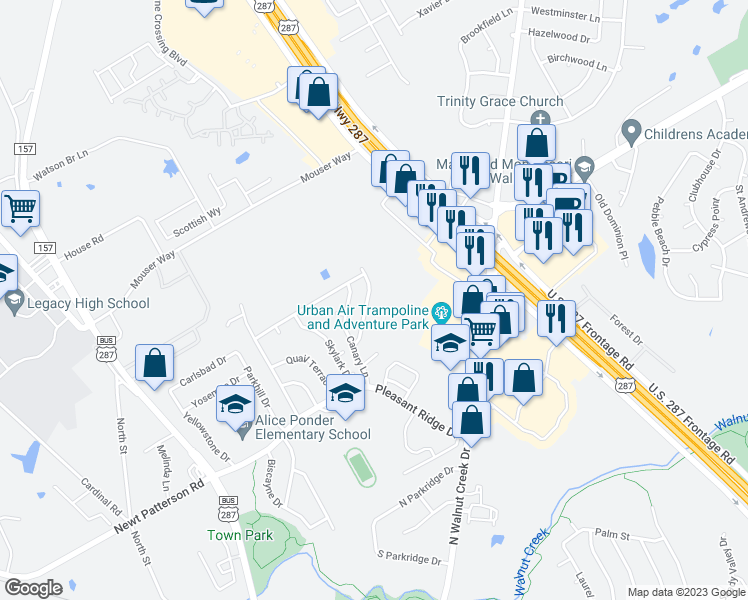 map of restaurants, bars, coffee shops, grocery stores, and more near 1006 Blue Jay Drive in Mansfield