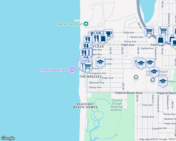map of restaurants, bars, coffee shops, grocery stores, and more near in Imperial Beach