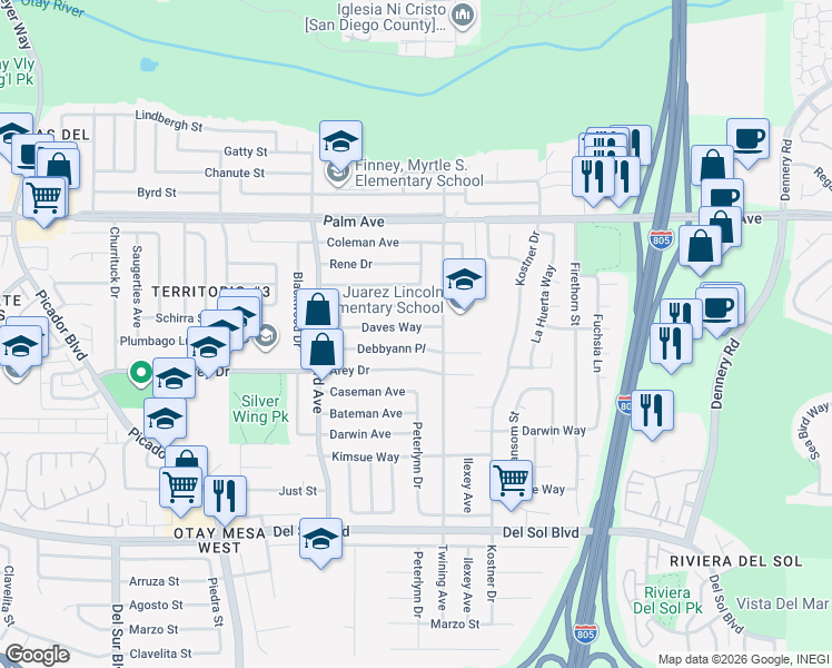 map of restaurants, bars, coffee shops, grocery stores, and more near 4077 Daves Way in San Diego