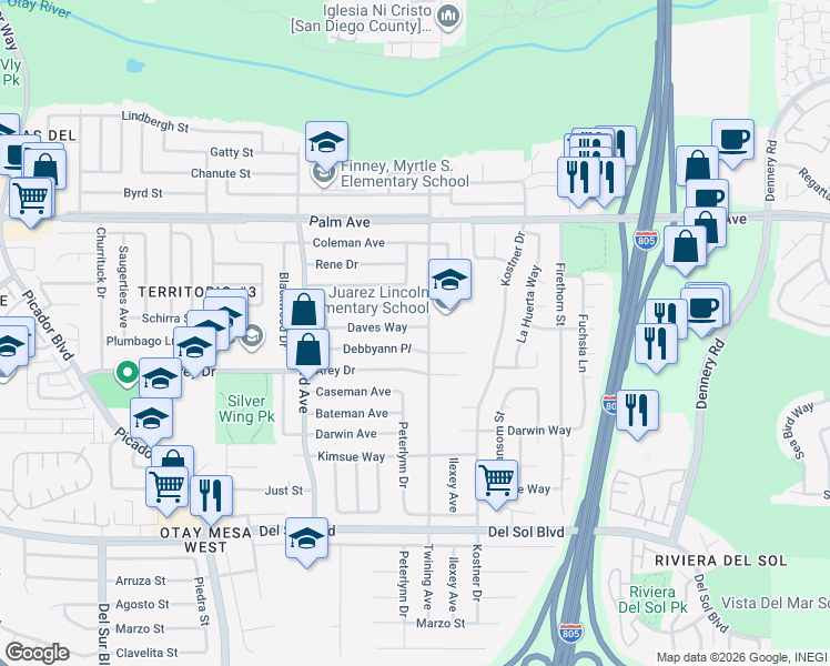 map of restaurants, bars, coffee shops, grocery stores, and more near 4077 Daves Way in San Diego
