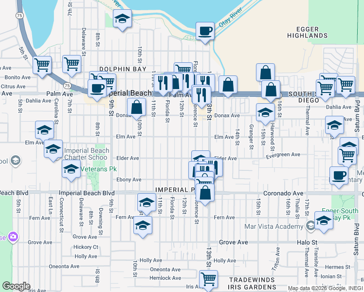 map of restaurants, bars, coffee shops, grocery stores, and more near 931 12th Street in Imperial Beach