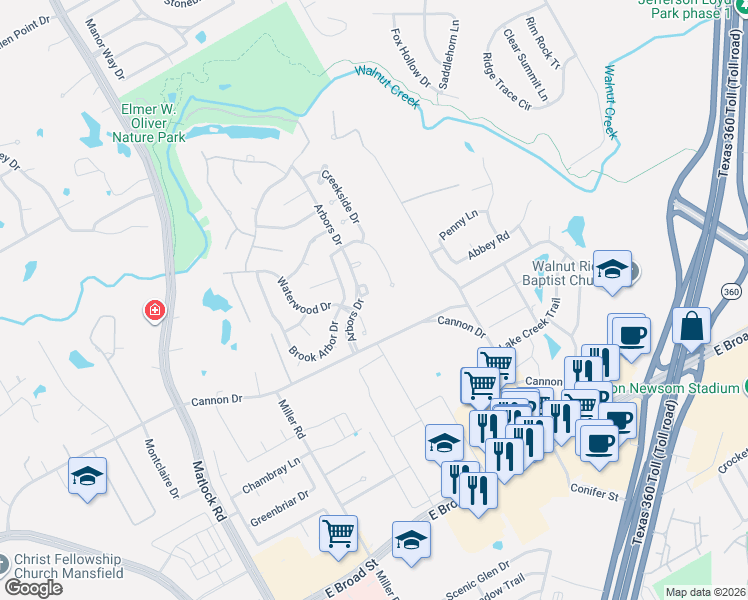 map of restaurants, bars, coffee shops, grocery stores, and more near 1202 Arbors Circle in Mansfield