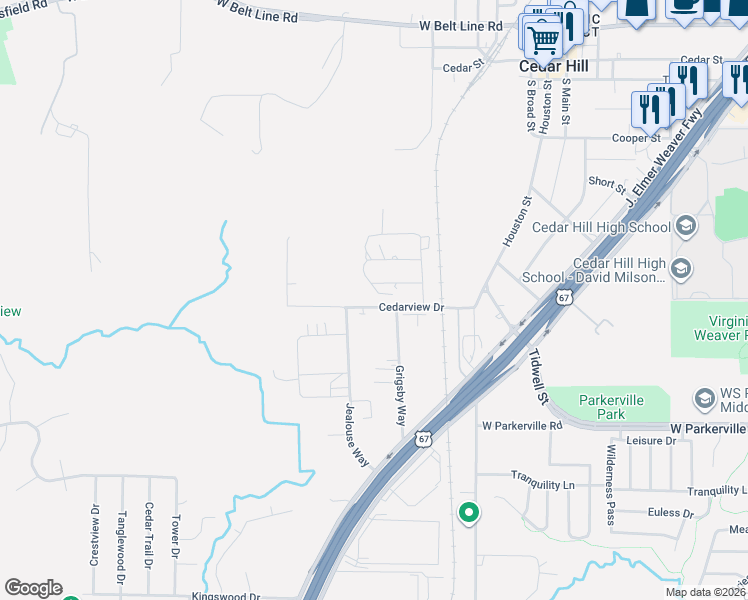 map of restaurants, bars, coffee shops, grocery stores, and more near 1141 Cedarview Drive in Cedar Hill
