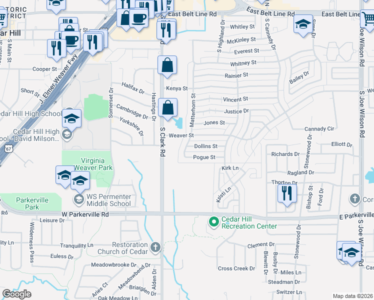 map of restaurants, bars, coffee shops, grocery stores, and more near 401 Dollins Street in Cedar Hill