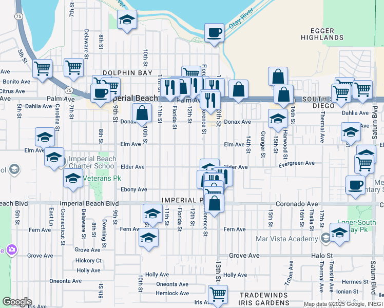 map of restaurants, bars, coffee shops, grocery stores, and more near 931 12th Street in Imperial Beach