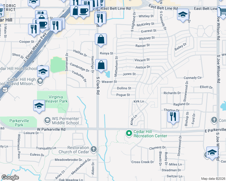 map of restaurants, bars, coffee shops, grocery stores, and more near 401 Dollins Street in Cedar Hill