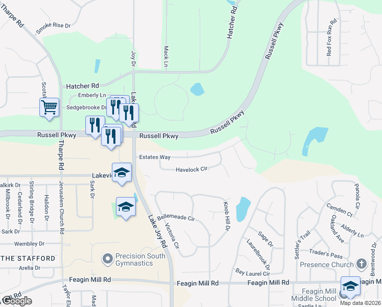 map of restaurants, bars, coffee shops, grocery stores, and more near 300 Estates Way in Warner Robins