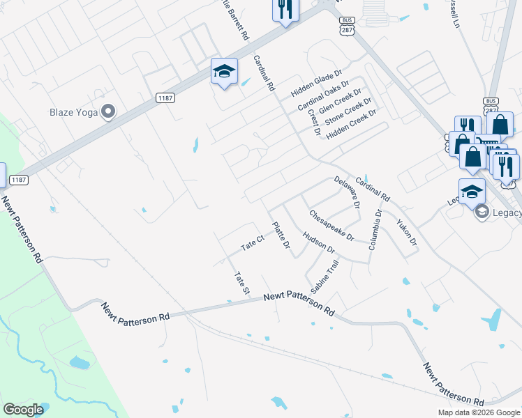 map of restaurants, bars, coffee shops, grocery stores, and more near 1315 Vistawood Drive in Mansfield