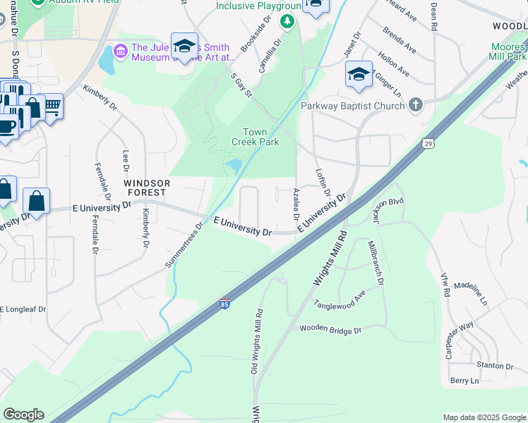 map of restaurants, bars, coffee shops, grocery stores, and more near 1319 Hampton Drive in Auburn