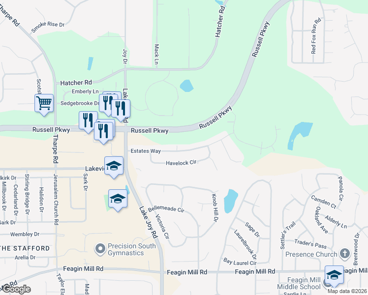 map of restaurants, bars, coffee shops, grocery stores, and more near 300 Estates Way in Warner Robins