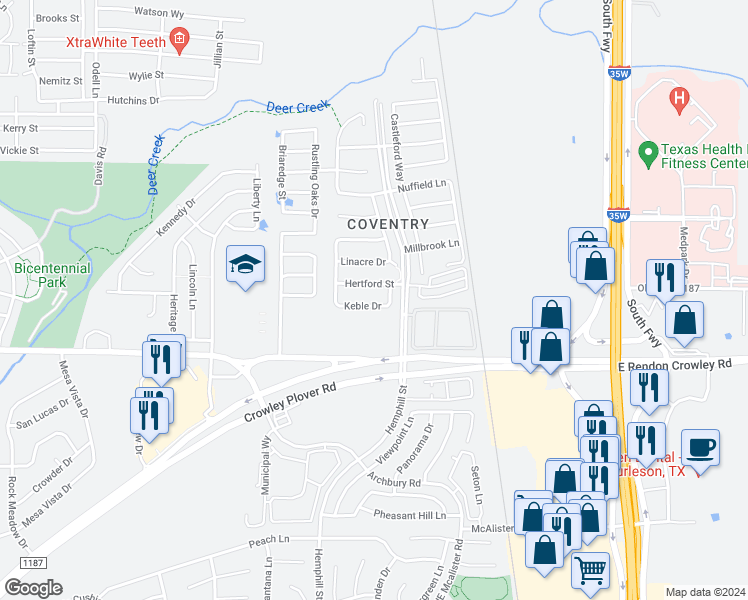 map of restaurants, bars, coffee shops, grocery stores, and more near 540 Keble Drive in Crowley