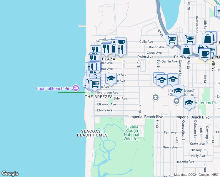 map of restaurants, bars, coffee shops, grocery stores, and more near 203 Elm Avenue in Imperial Beach