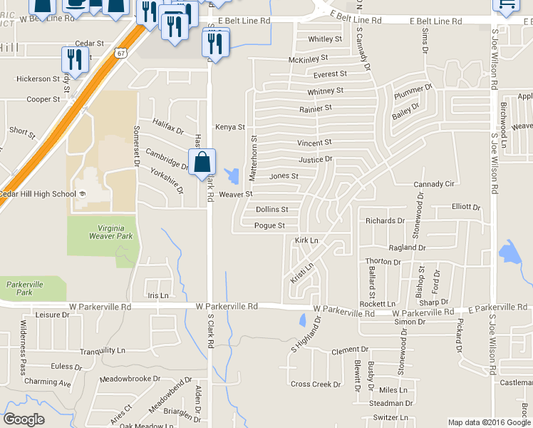 map of restaurants, bars, coffee shops, grocery stores, and more near 423 Dollins Street in Cedar Hill