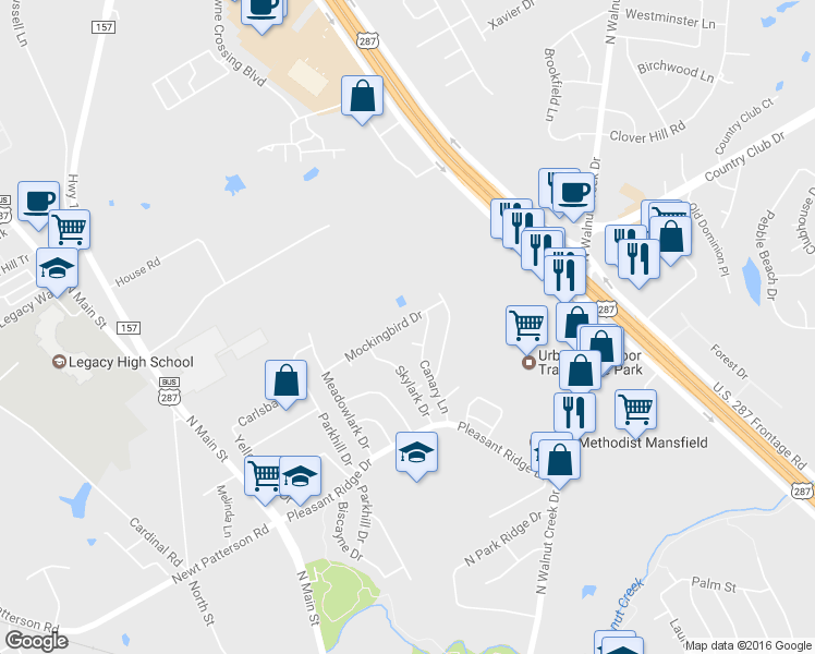 map of restaurants, bars, coffee shops, grocery stores, and more near 518 Mockingbird Drive in Mansfield