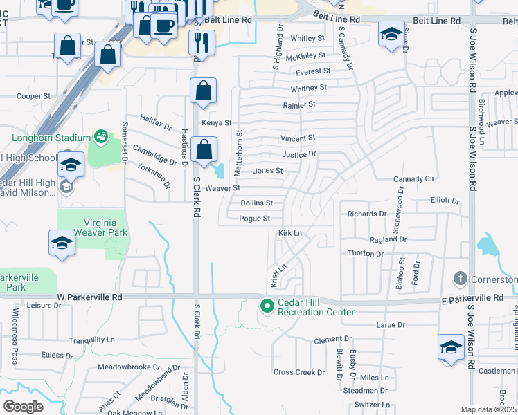 map of restaurants, bars, coffee shops, grocery stores, and more near 431 Dollins Street in Cedar Hill