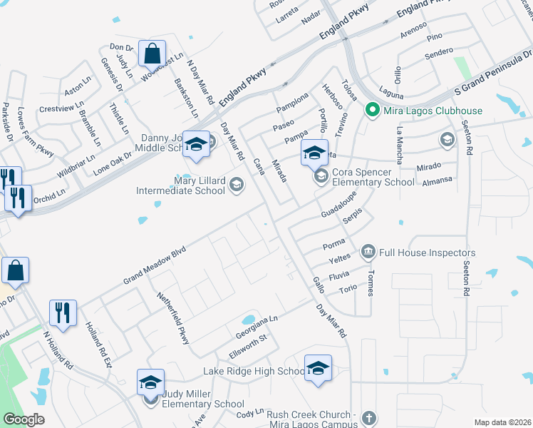 map of restaurants, bars, coffee shops, grocery stores, and more near 1209 Day Miar Road in Mansfield