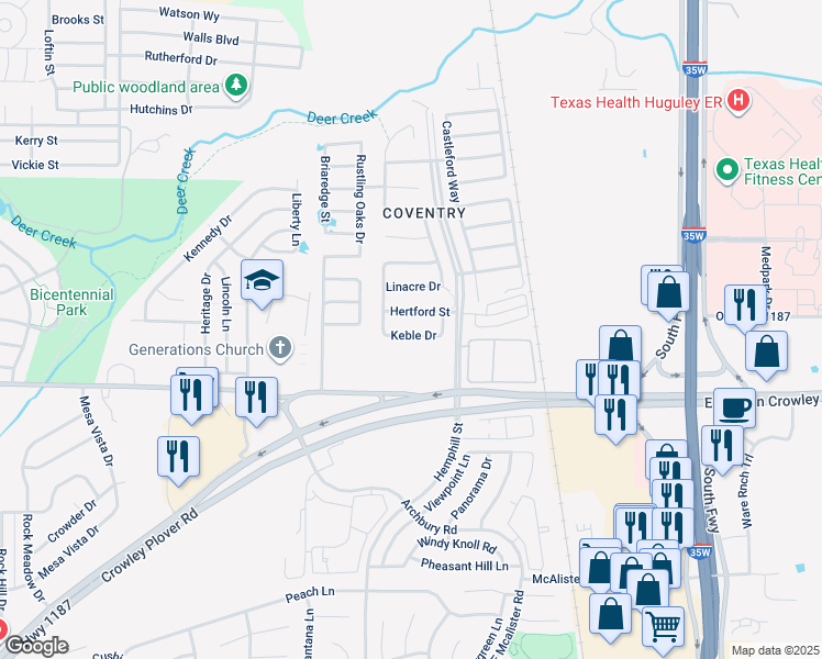 map of restaurants, bars, coffee shops, grocery stores, and more near 548 Keble Drive in Crowley