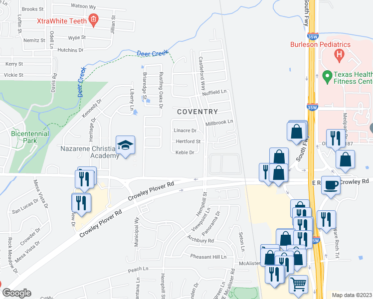 map of restaurants, bars, coffee shops, grocery stores, and more near 552 Keble Drive in Crowley
