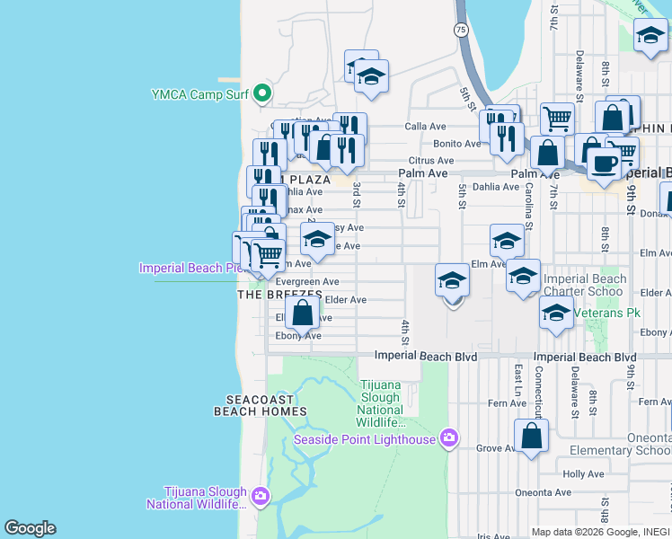 map of restaurants, bars, coffee shops, grocery stores, and more near 227 Elm Avenue in Imperial Beach