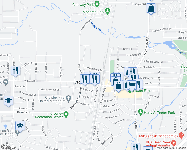 map of restaurants, bars, coffee shops, grocery stores, and more near 201 North Texas Street in Crowley