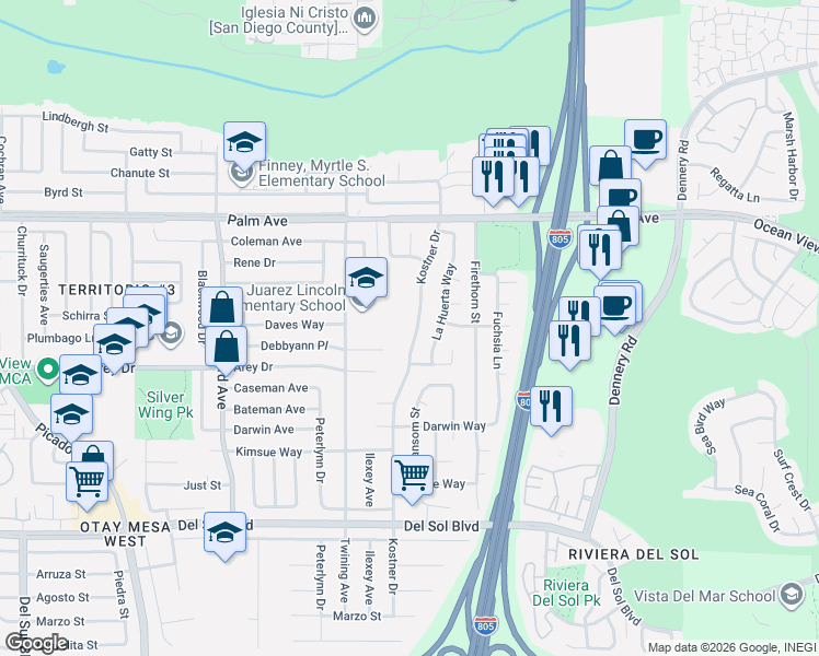map of restaurants, bars, coffee shops, grocery stores, and more near 908 Kostner Drive in San Diego