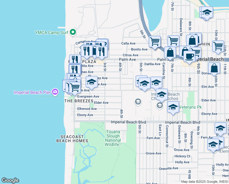 map of restaurants, bars, coffee shops, grocery stores, and more near 363 Elm Avenue in Imperial Beach