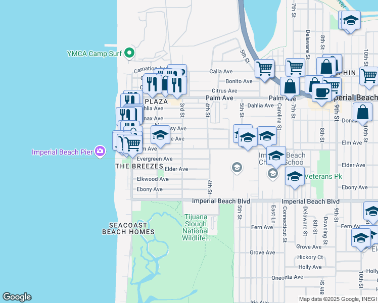 map of restaurants, bars, coffee shops, grocery stores, and more near 325 Elm Avenue in Imperial Beach