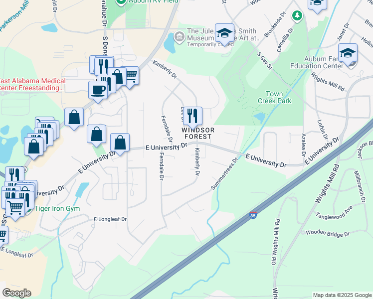 map of restaurants, bars, coffee shops, grocery stores, and more near 406 Dixie Drive in Auburn