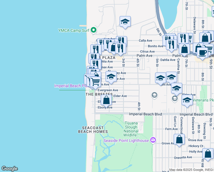 map of restaurants, bars, coffee shops, grocery stores, and more near 157 Elm Avenue in Imperial Beach