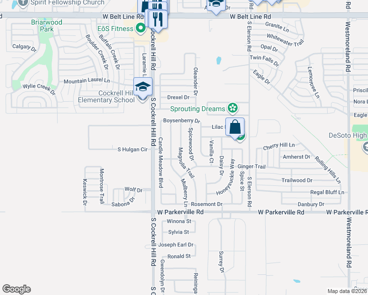 map of restaurants, bars, coffee shops, grocery stores, and more near 617 Spicewood Drive in DeSoto