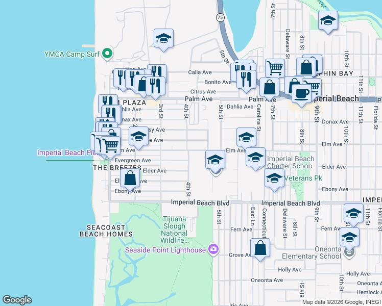 map of restaurants, bars, coffee shops, grocery stores, and more near 903 4th Street in Imperial Beach