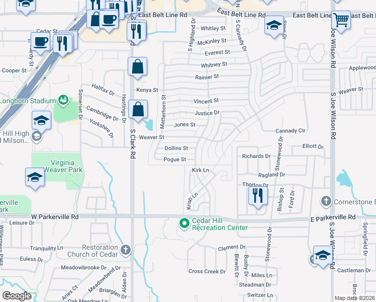 map of restaurants, bars, coffee shops, grocery stores, and more near 447 Dollins Street in Cedar Hill