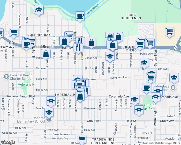 map of restaurants, bars, coffee shops, grocery stores, and more near 930 14th Street in San Diego