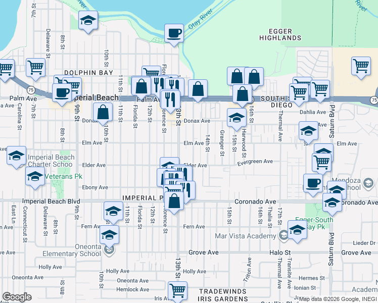 map of restaurants, bars, coffee shops, grocery stores, and more near 940-42 Georgia Street in Imperial Beach