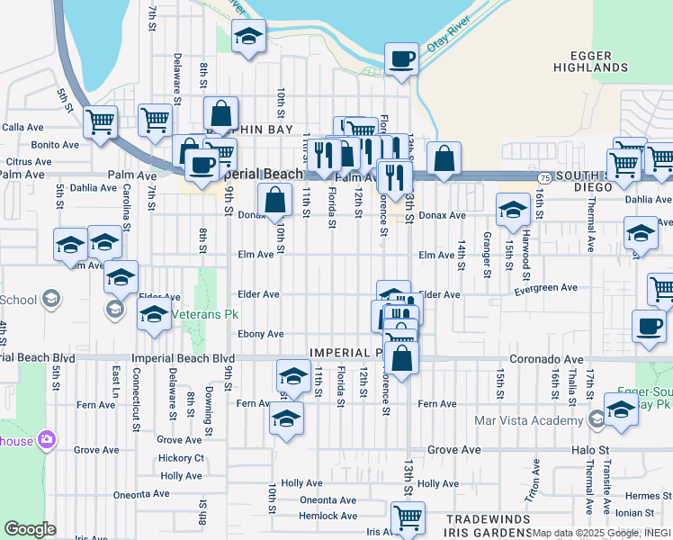 map of restaurants, bars, coffee shops, grocery stores, and more near 936 Florida Street in Imperial Beach